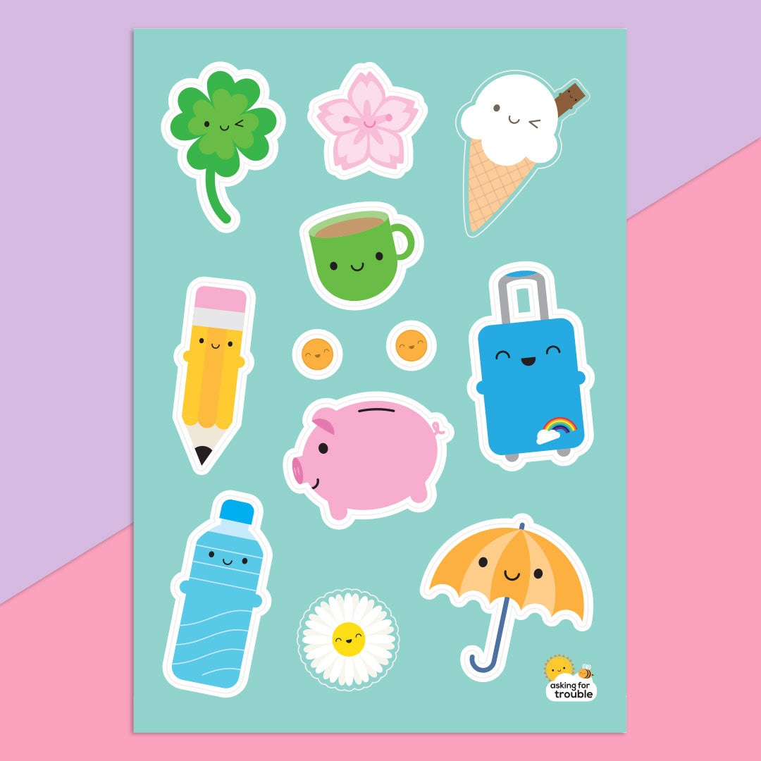The Kawaii Life sticker sheet with 12 die cut everyday item stickers