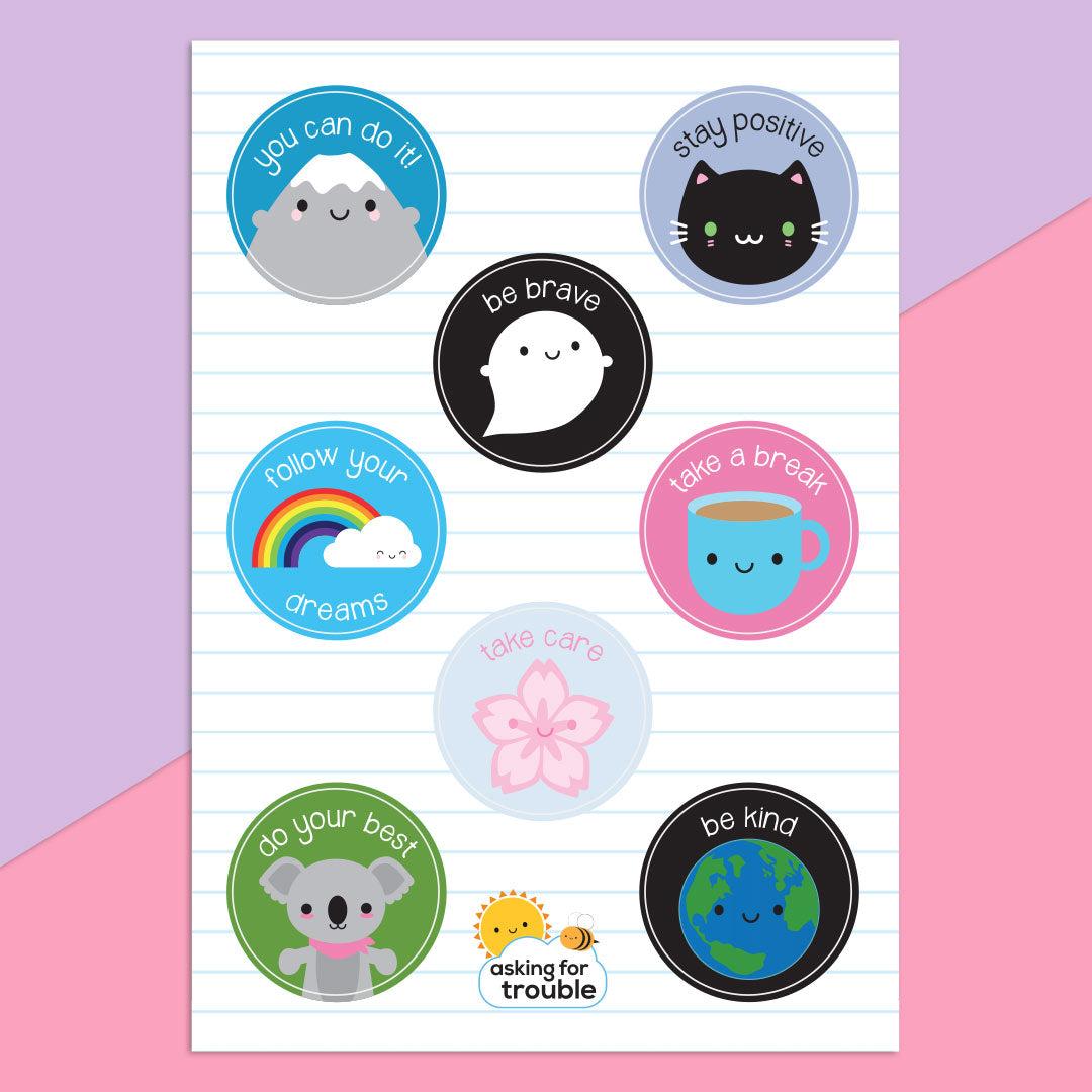 The Kawaii Motivation sticker sheet with 8 die cut self care-themed stickers