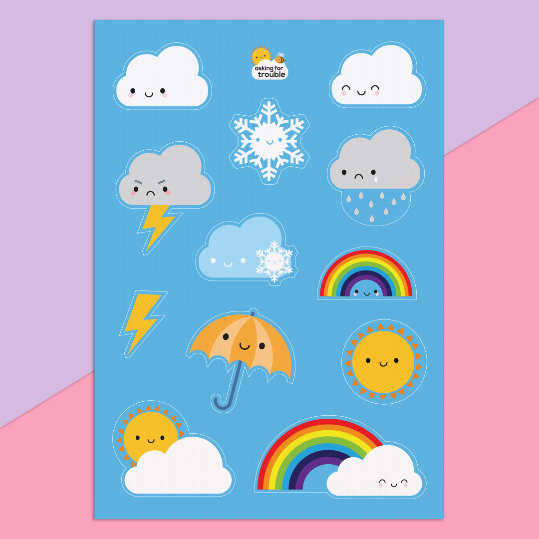 The Kawaii Skies sticker sheet with 12 die cut weather-themed stickers