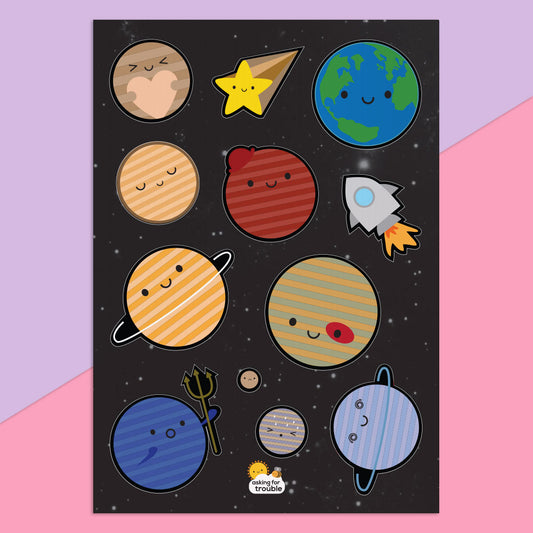 The Solar System sticker sheet with 12 die cut space-themed stickers