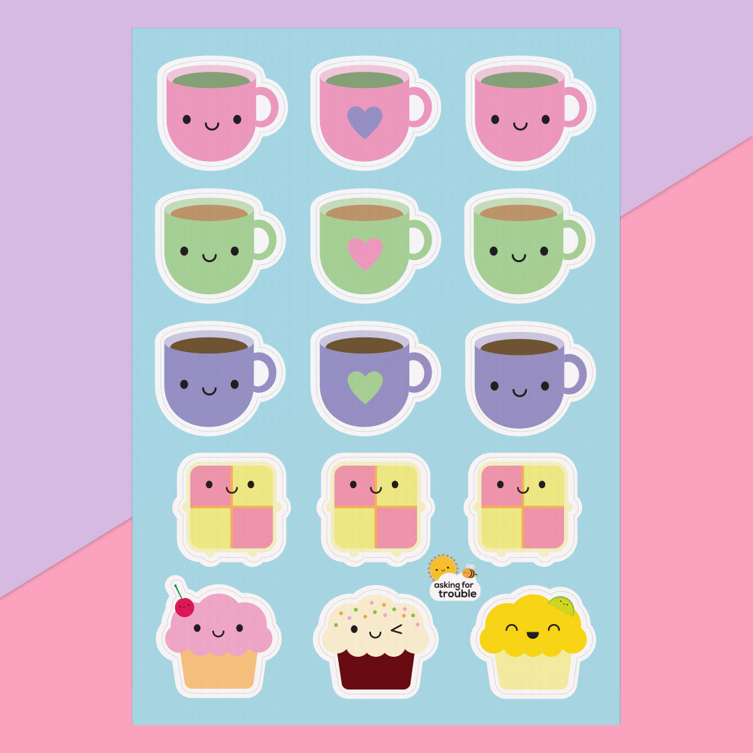 The Tea & Cake sticker sheet with 15 die cut teatime-themed stickers