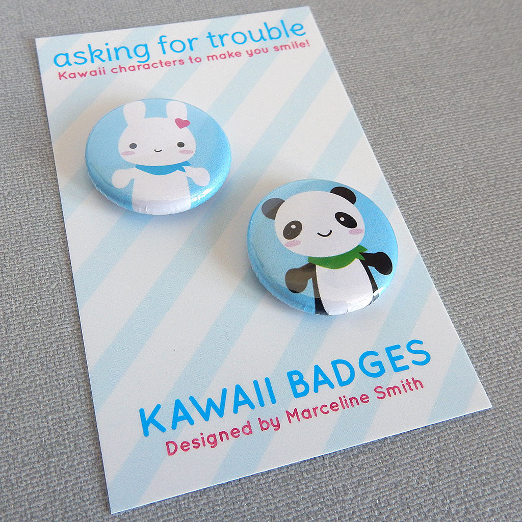Badges are packaged on a striped backing card