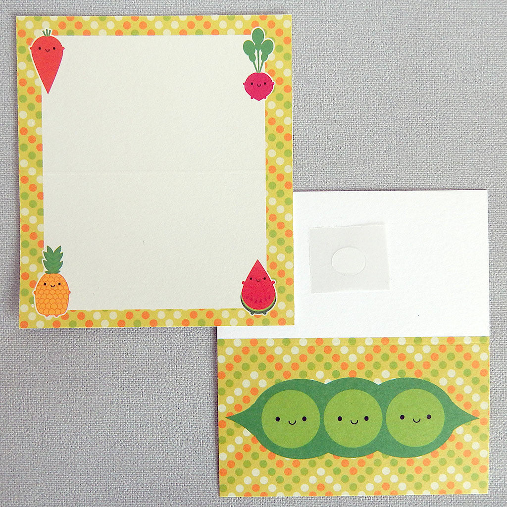Two 5 A Day gift tags showing the front and inside illustrations of happy fruit and vegetables
