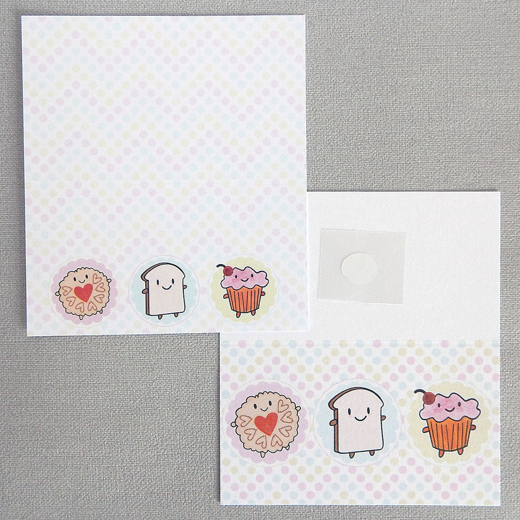 Two Afternoon Tea gift tags showing the front and inside illustrations of happy cupcake, Jammie Dodger and bread slice
