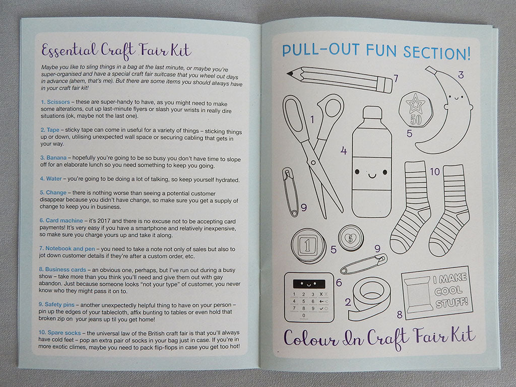 A double page spread with 'Essential Craft Fair Kit' and cute colouring page of those items