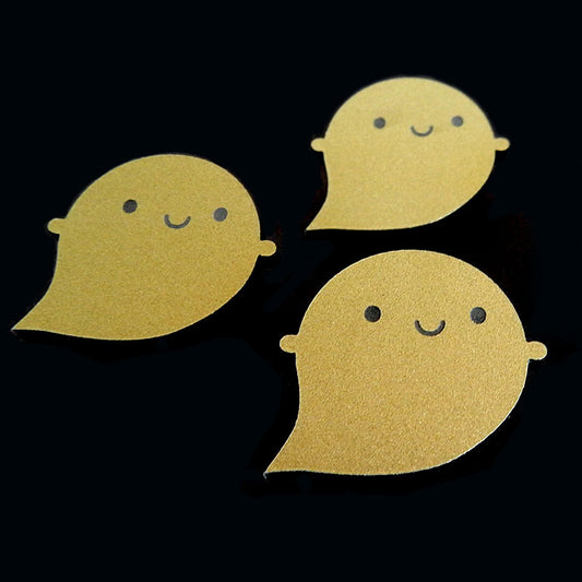 3 happy kawaii ghost brooches made from gold shimmer acrylic