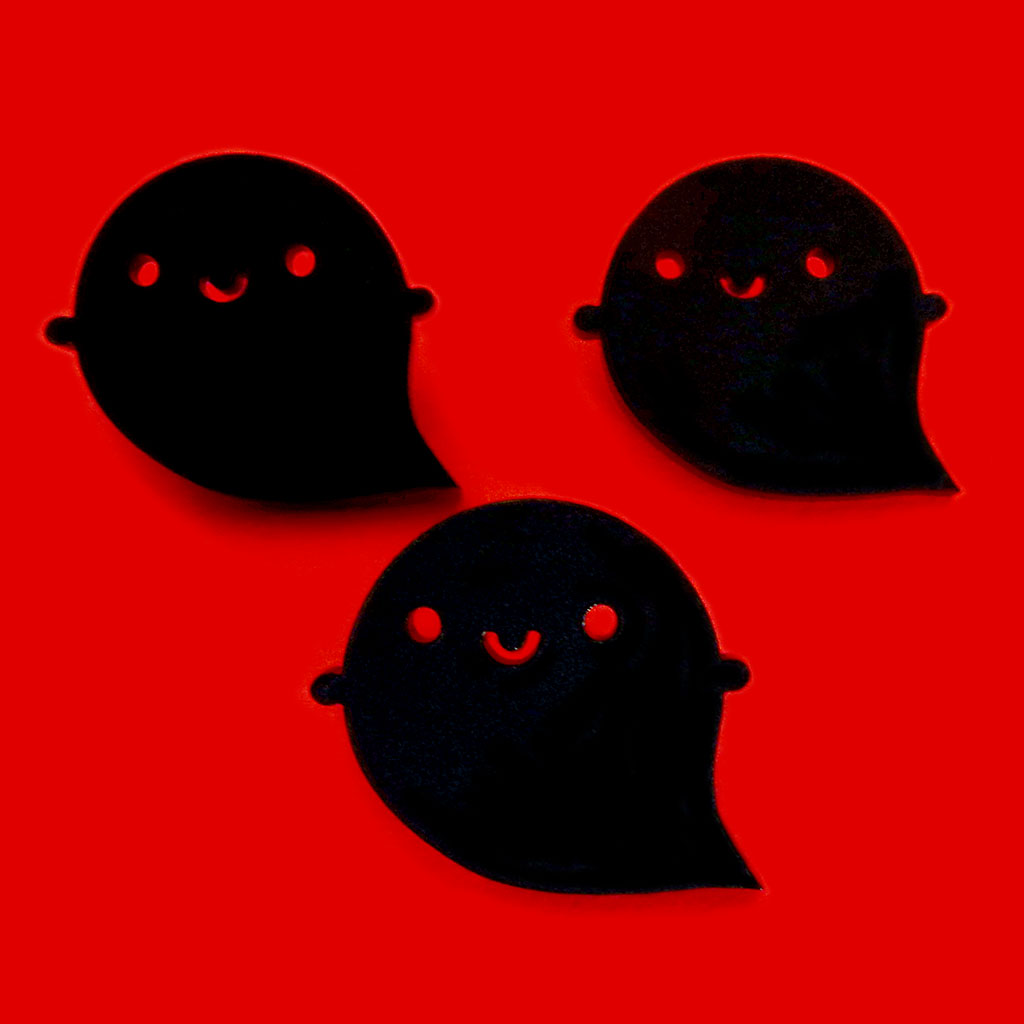 3 black evil twin kawaii ghost brooches laser cut from acrylic