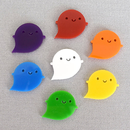 7 happy kawaii ghost brooches made from acrylic in red, orange, yellow, green, blue, purple and original white