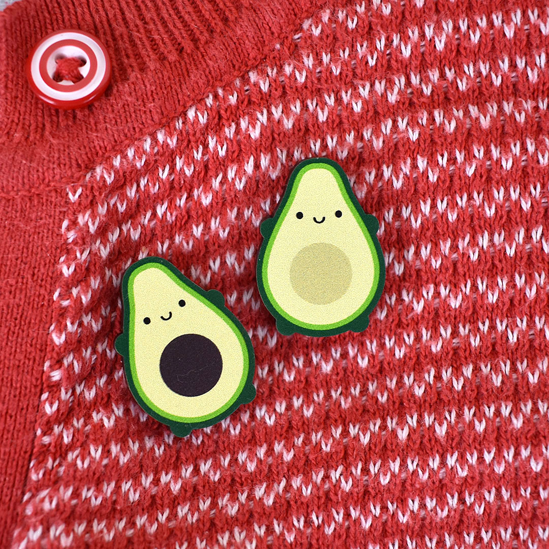 A set of 2 happy kawaii Avocado brooches made from ethically sourced, FSC certified wood