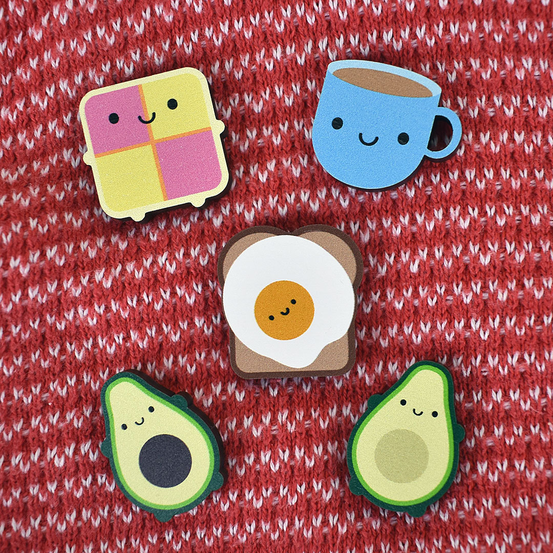The mini food wooden brooches - Battenberg Cake, Cup of Tea, Egg on Toast, Avocados
