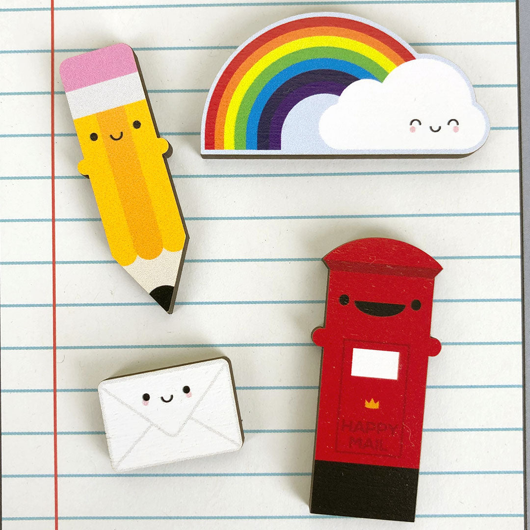 All the large wooden brooches - Rainbow, Pencil, Postbox with Envelope