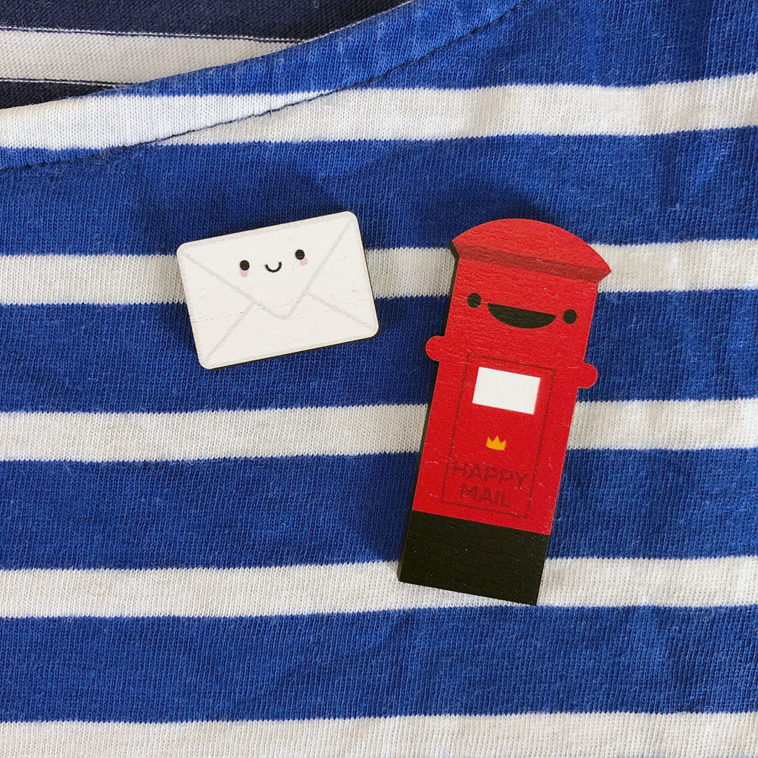 A set of 2 happy kawaii Postbox and Envelope brooches made from ethically sourced, FSC certified wood