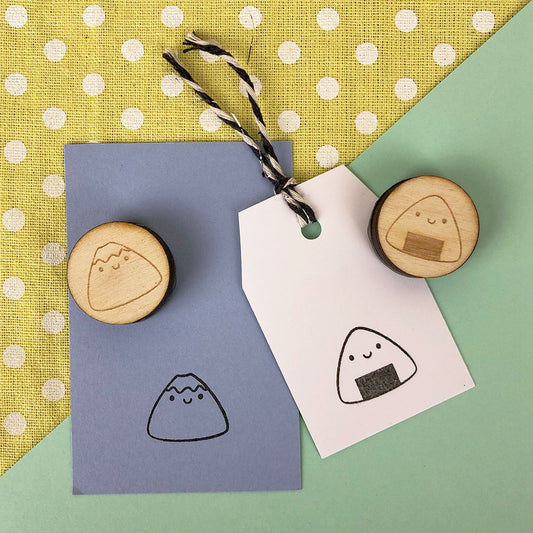 The Mt Fuji & Onigiri polymer stamps with stamped stationery and gift tag