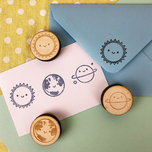The Sun, Planet & Earth polymer stamps with stamped stationery and gift tag
