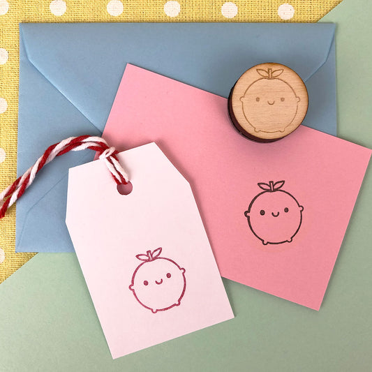 The Happy Apple polymer stamp with stamped stationery and gift tag