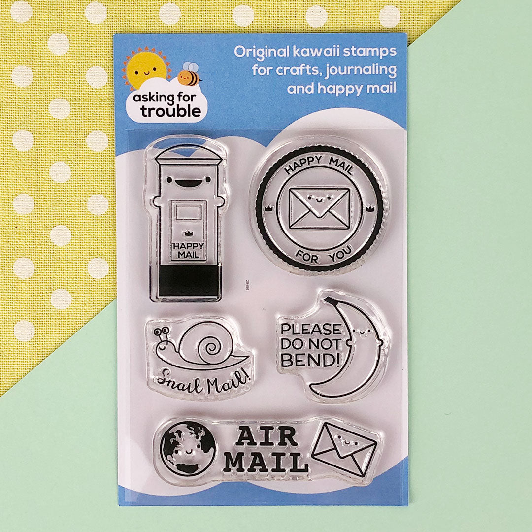 The Happy Mail (original) stamp set with Postbox, Happy Mail For You, Snail Mail, Do Not Bend and Air Mail stamps