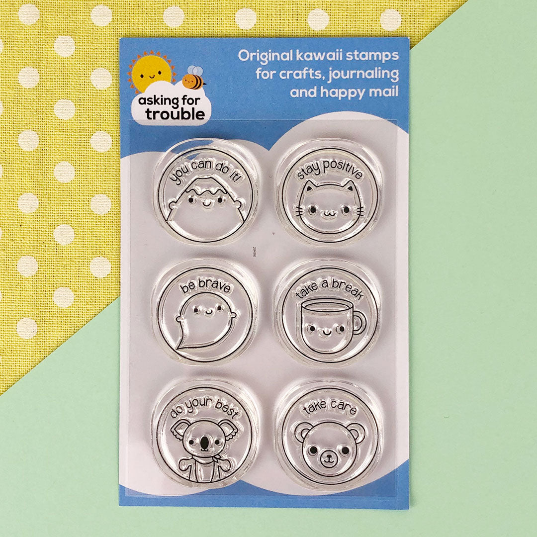 The Kawaii Motivation stamp set with You Can Do It!, Stay Positive, Be Brave, Take A Break, Do Your Best and Take Care stamps