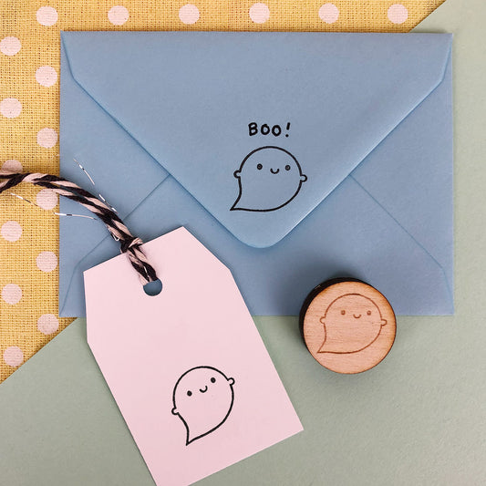 The Little Ghost polymer stamp with stamped stationery and gift tag