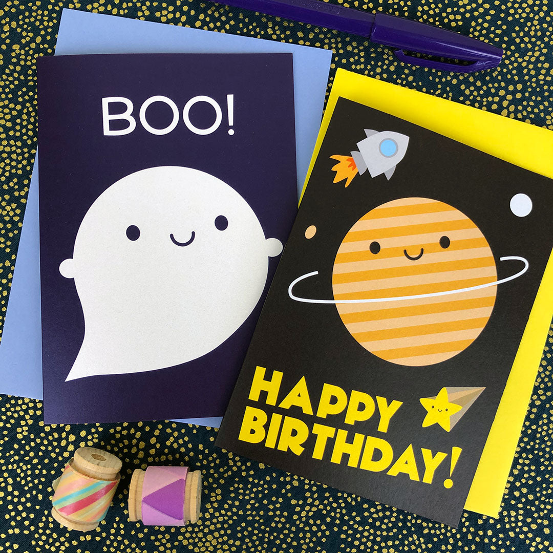 Boo! Ghost & Happy Birthday in Space cards
