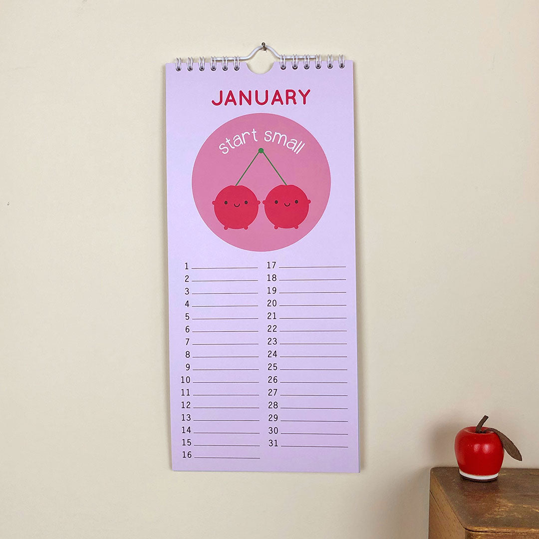 The birthday calendar hanging up showing the page for January with a pair of kawaii cherries saying 'start small' and lines for each date