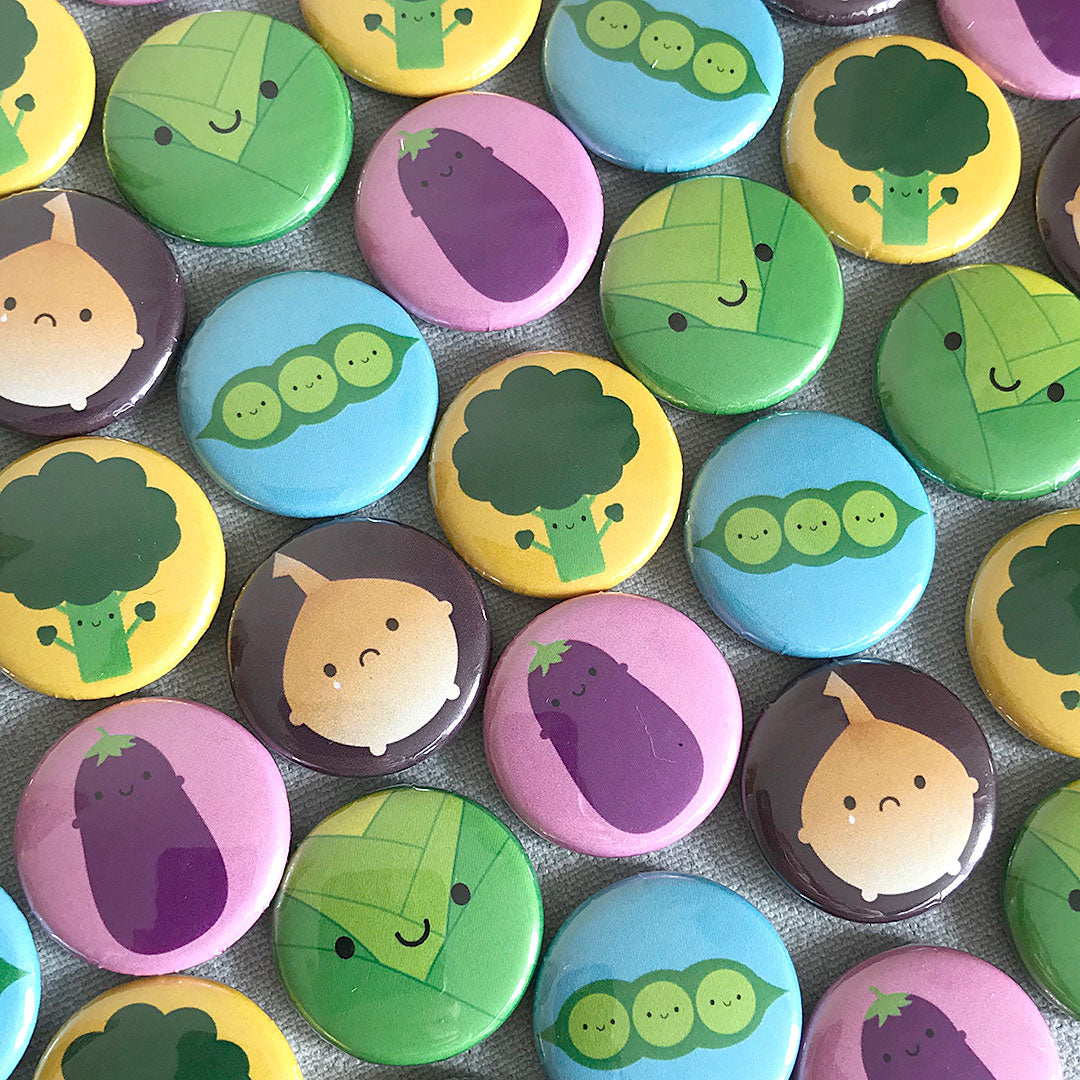 the colourful kawaii vegetables badges together