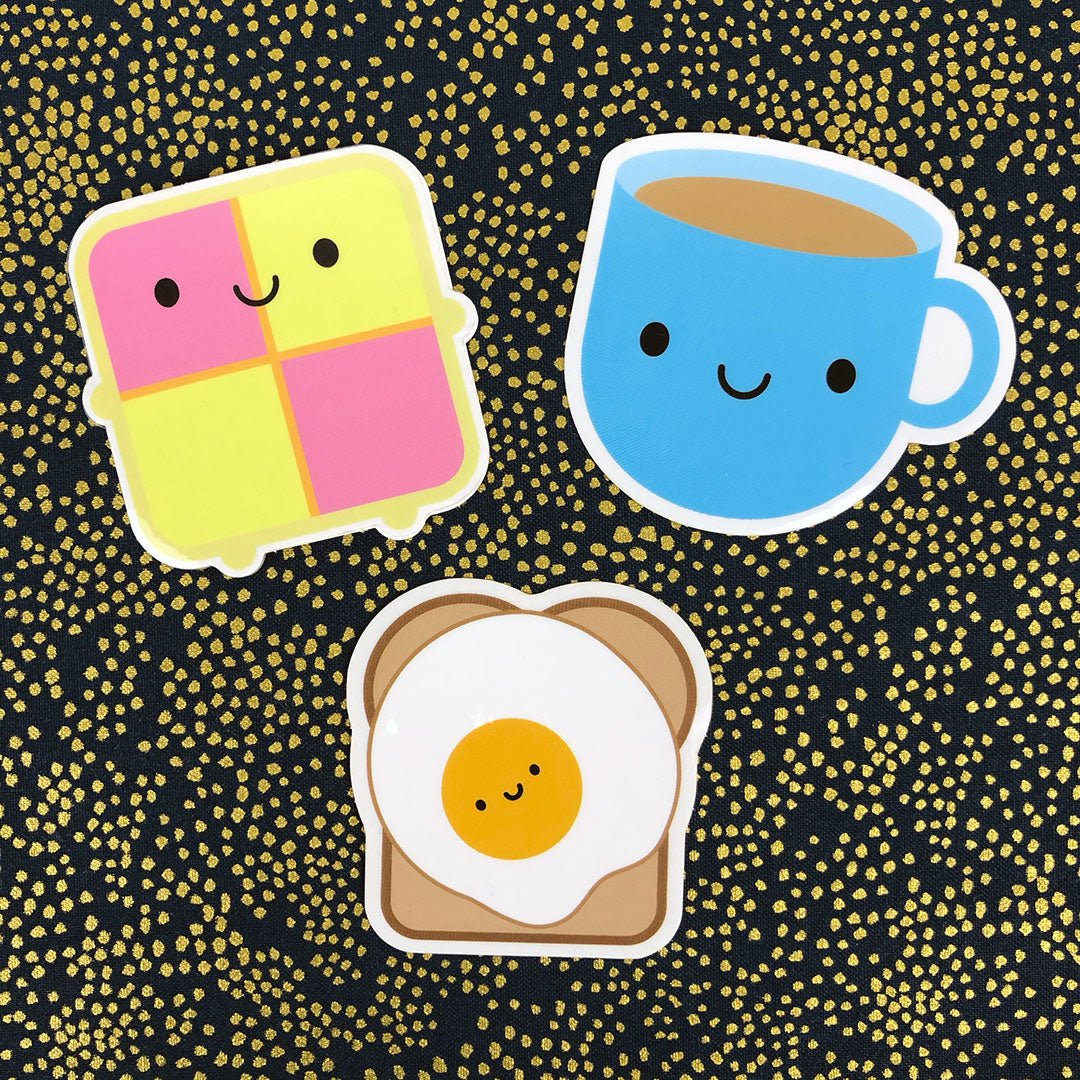 The Battenberg Cake, Cup of Tea and Egg on Toast vinyl stickers together