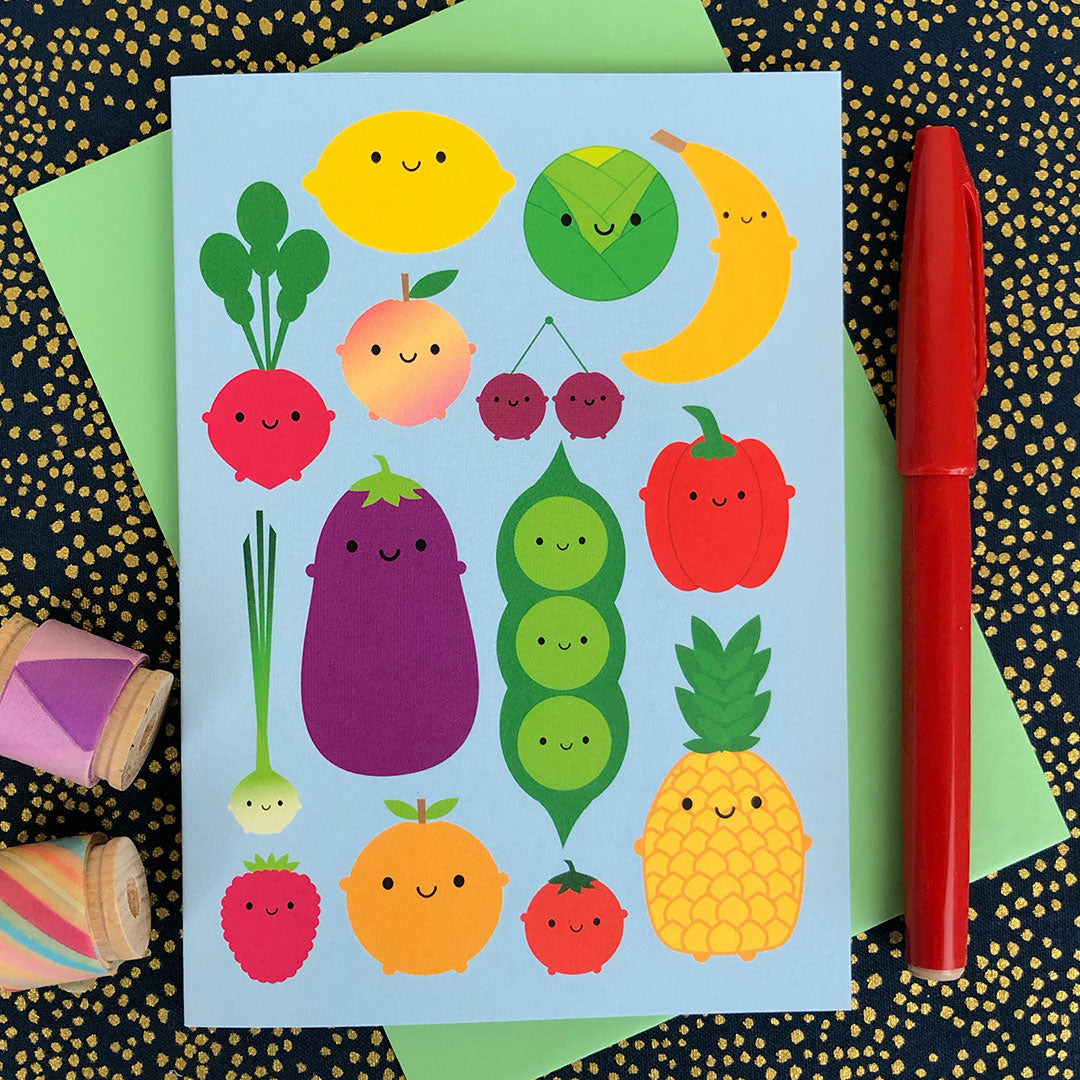 An illustrated card with a group of happy fruits and vegetables