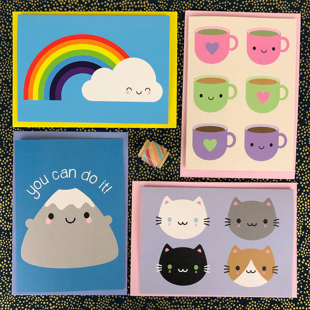 Rainbow, Tea Time, Cute Cats & You Can Do It! cards