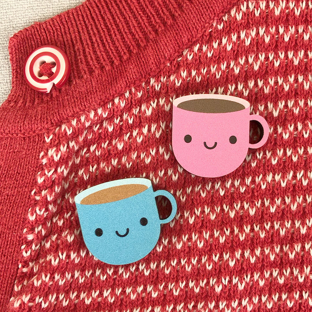 Pink & blue happy kawaii Cup of Tea brooches made from ethically sourced, FSC certified wood