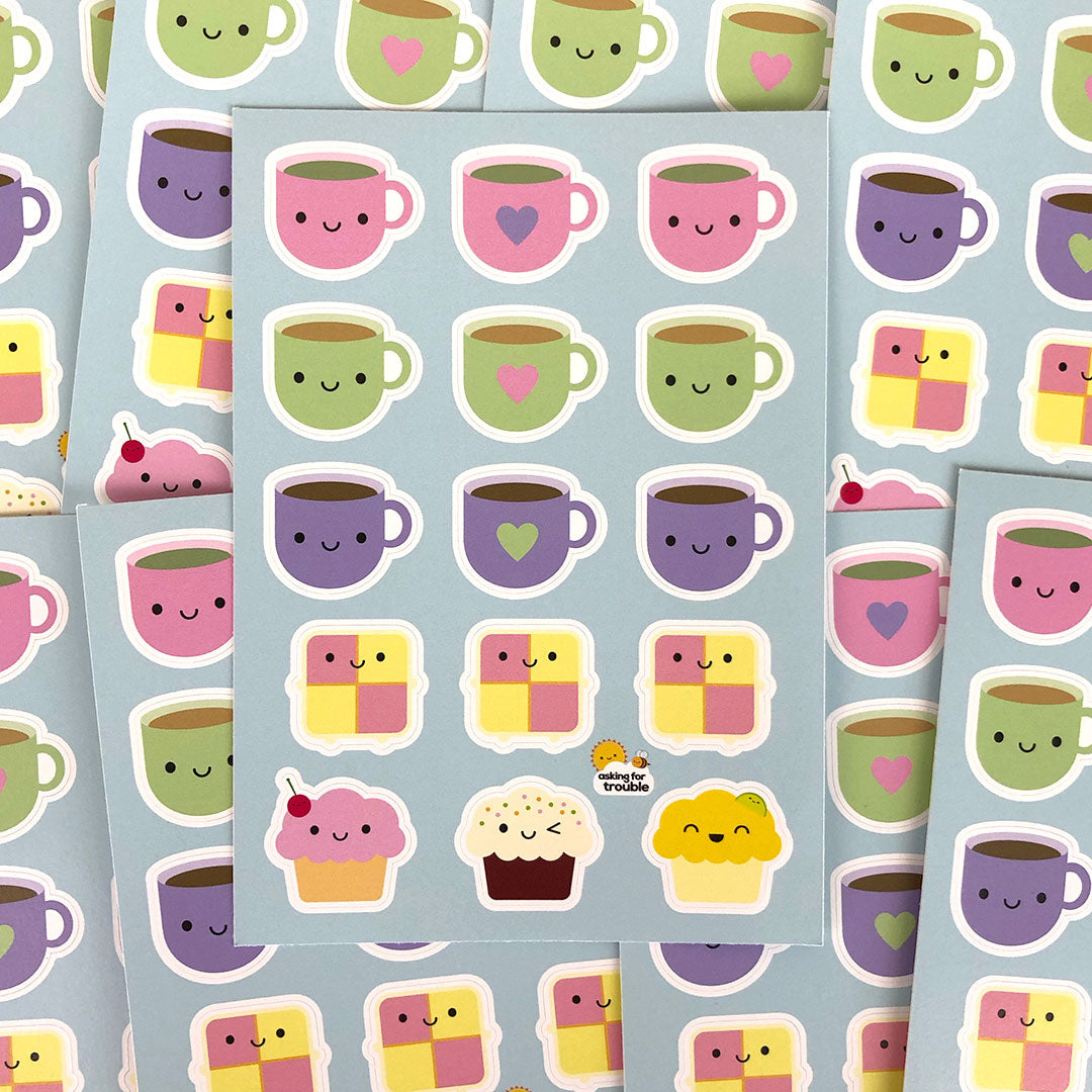 A pile of Tea & Cake sticker sheets