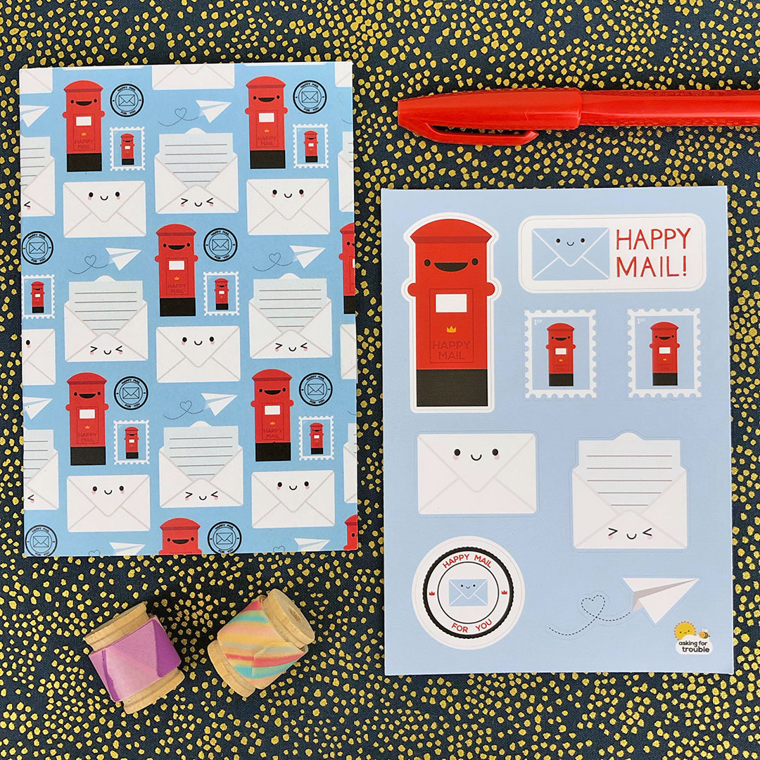 The Happy Mail notebook and matching sticker set
