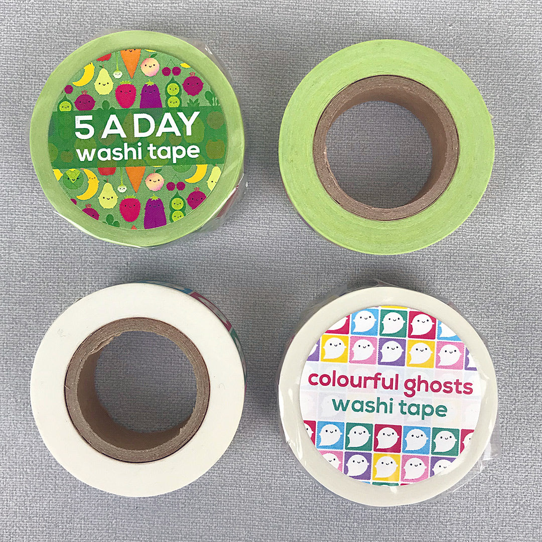 Rolls of Rainbow Ghosts and 5 A Day washi tape showing the labels and size