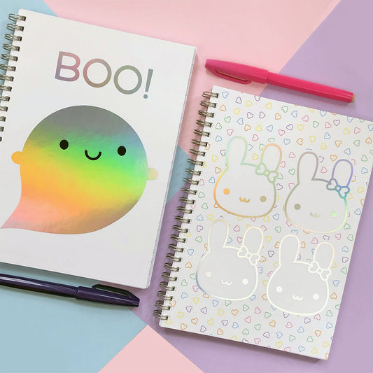 Perfect Rainbow foil Ghost & Bunny notebooks displayed together