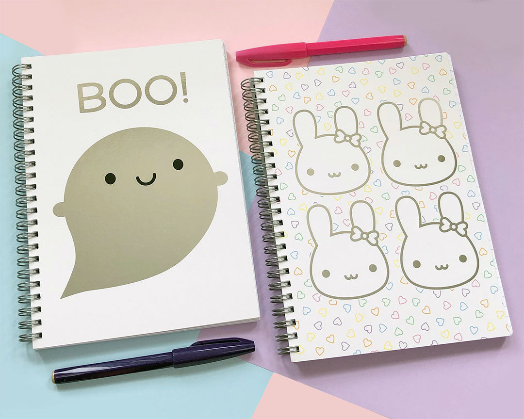 Silver foil Ghost & Bunny notebooks displayed together