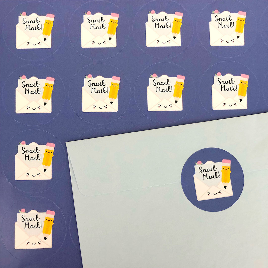 A sheet of Snail Mail stickers and one sealing an envelope