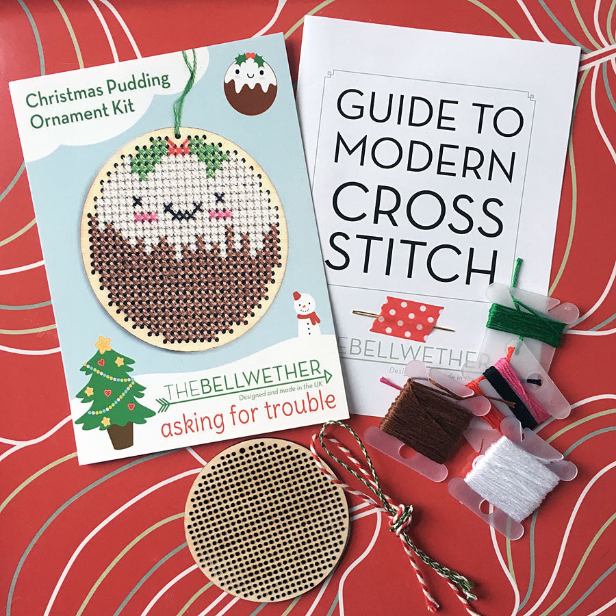 The Christmas Pudding cross stitch kit with thread, wooden blank, instructions etc.