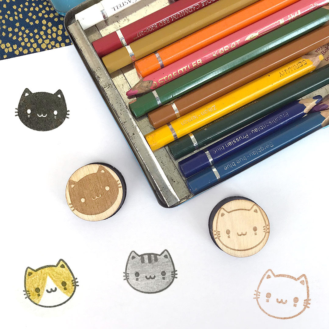 The 2 Cute Cats stamps with examples of how to stamp and colour the image and a box of coloured pencils