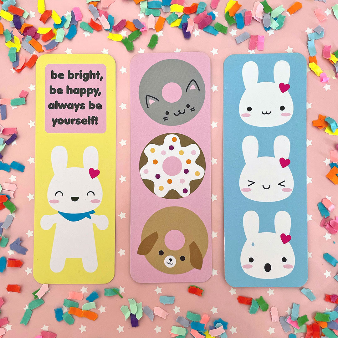 All 3 exclusive bookmarks - Be Bright, Donuts and Bunnies