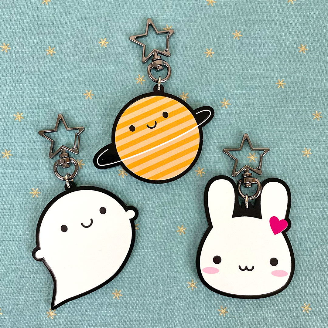 All 3 keyrings - Ghost, Planet & Bunny