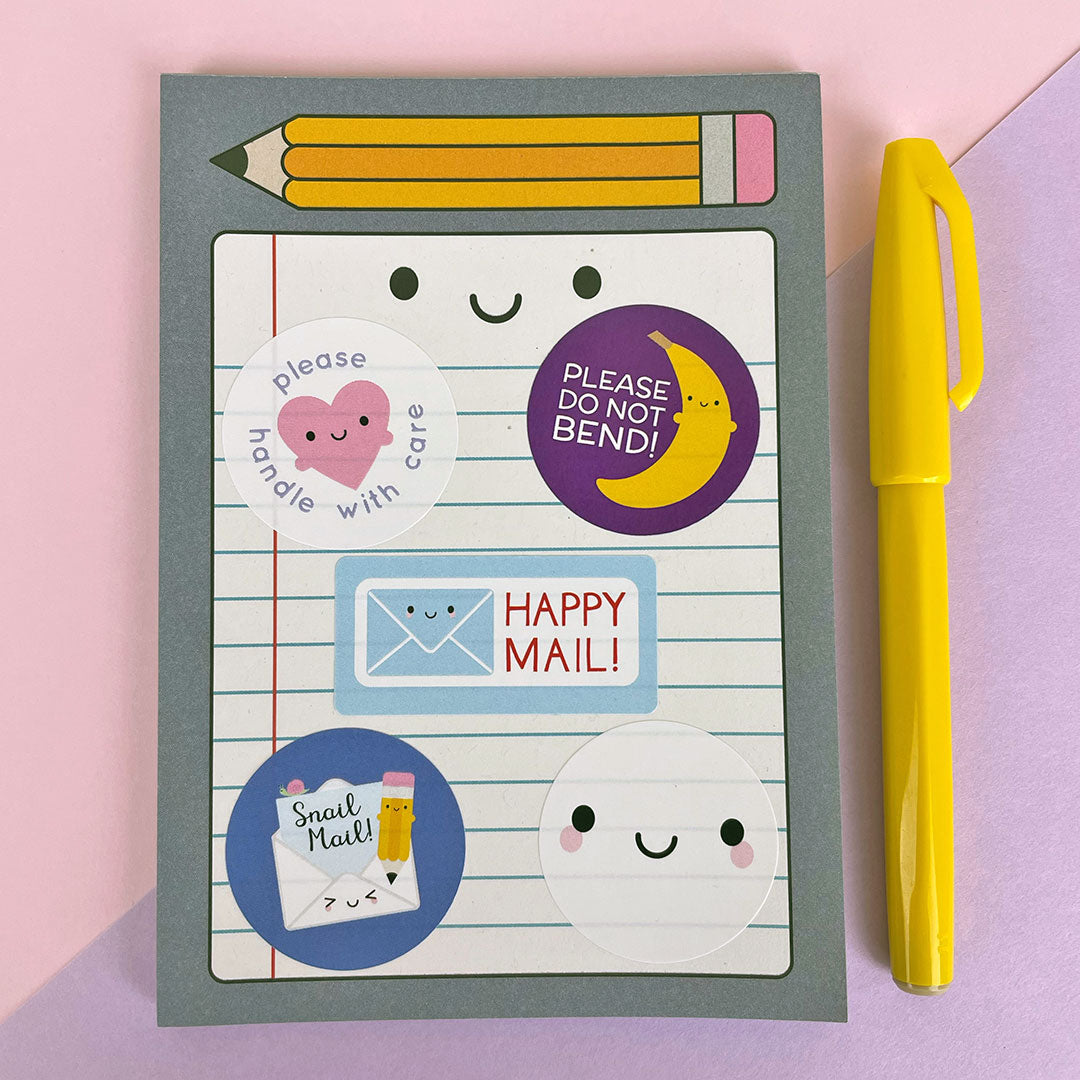 Notepad page with all my happy mail post-themed stickers