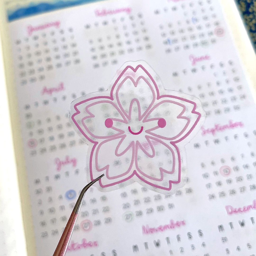 A clear transparent Sakura sticker held over a printed page