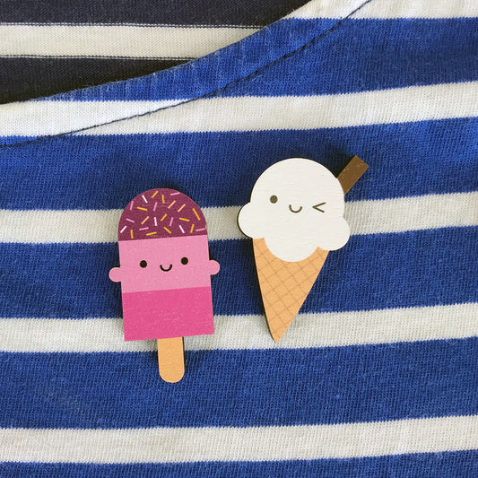 Happy kawaii Ice Cream Cone & Ice Lolly brooches made from ethically sourced, FSC certified wood