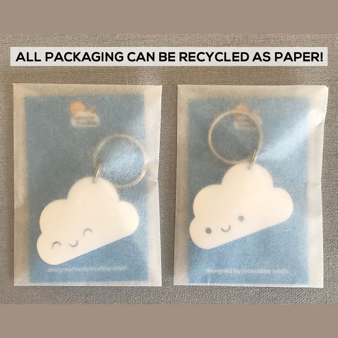 Keyrings are packaged in a translucent glassine bag that can be recycled as paper