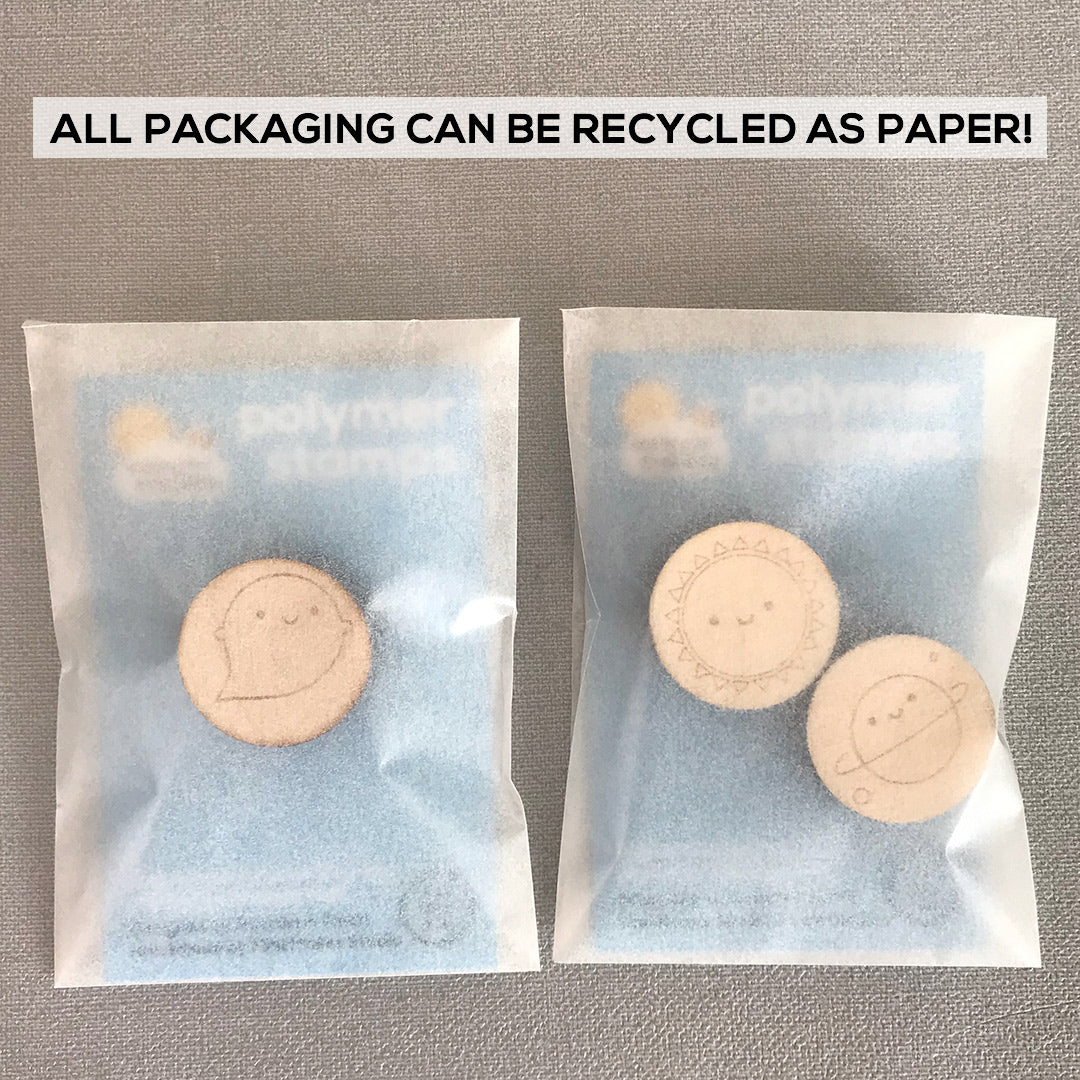 Polymer stamps are packaged in glassine bags that can be recycled as paper