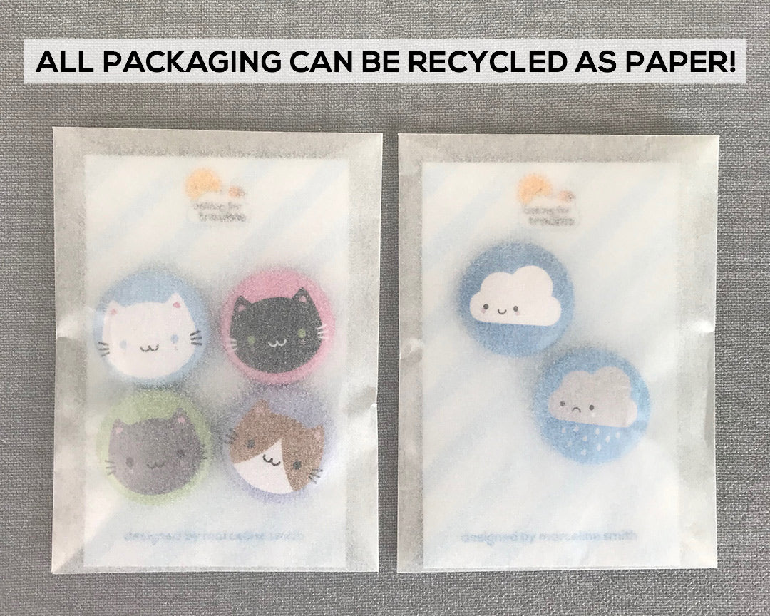 badges are packaged inside glassine bags which can be recycled as paper