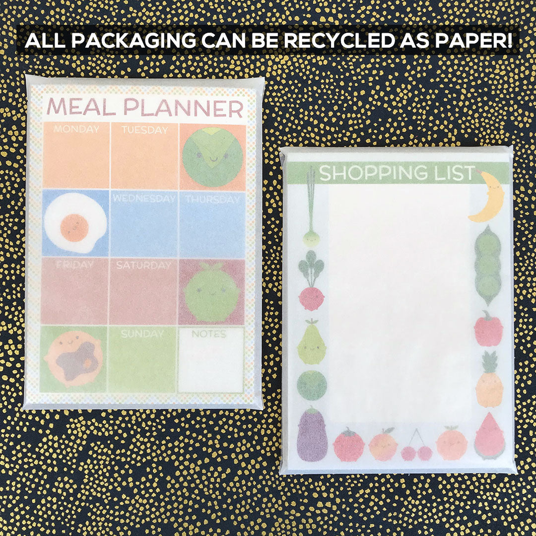 Notepads packaged in translucent glassine bags that can be recycled as paper