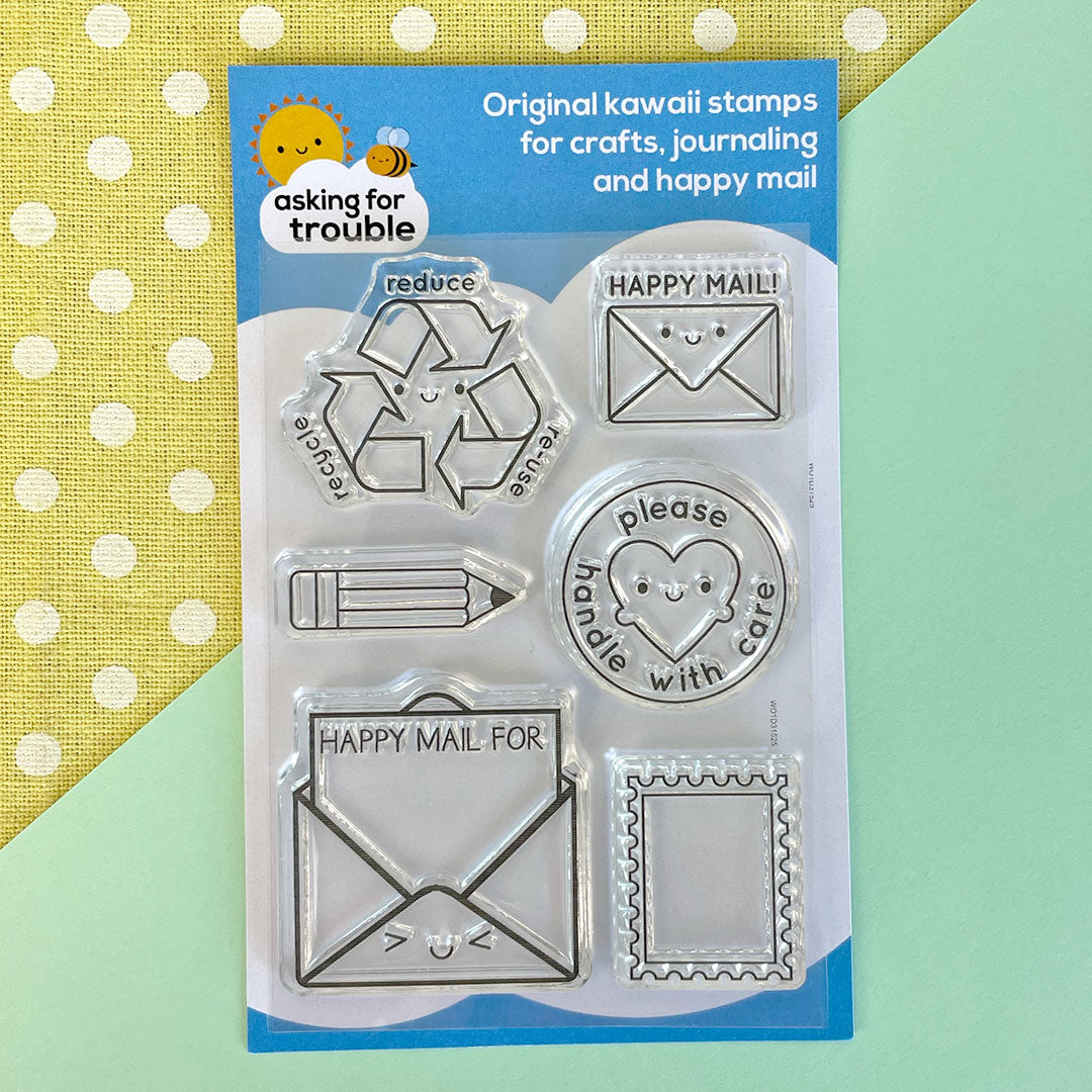 The Happy Mail (extras) stamp set with Reduce Reuse Recycle, Happy Mail, Pencil, Please Handle With Care, Happy Mail For... and Postage Stamp stamps
