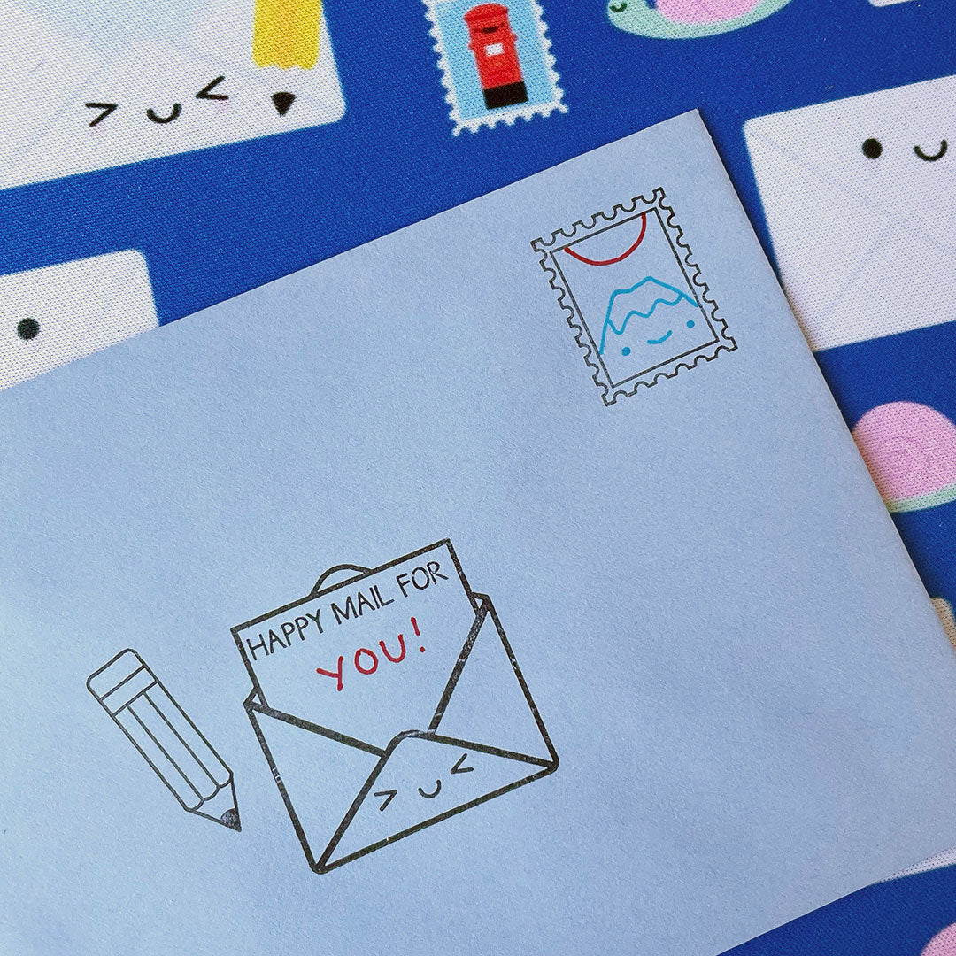 Examples of how the Happy Mail For.. and Postage Stamp stamps can be personalised with names and drawings