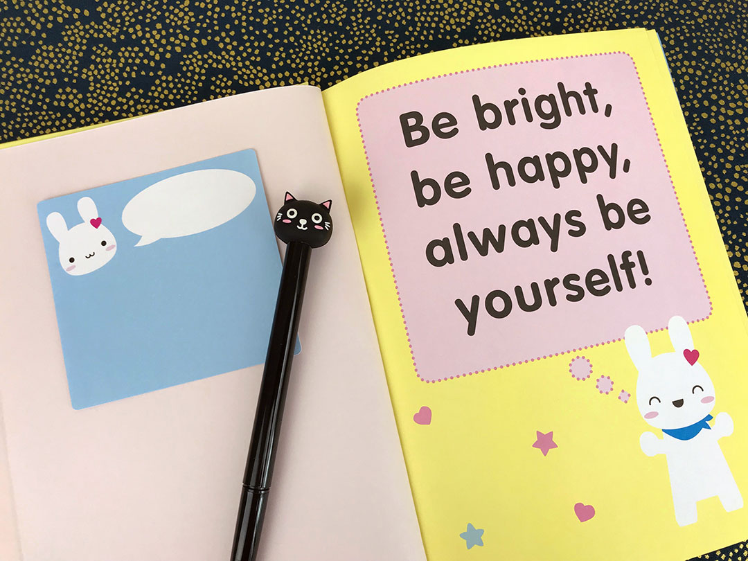 The inner illustrated page (be bright, be happy, always be yourself!) and the blank bookplate