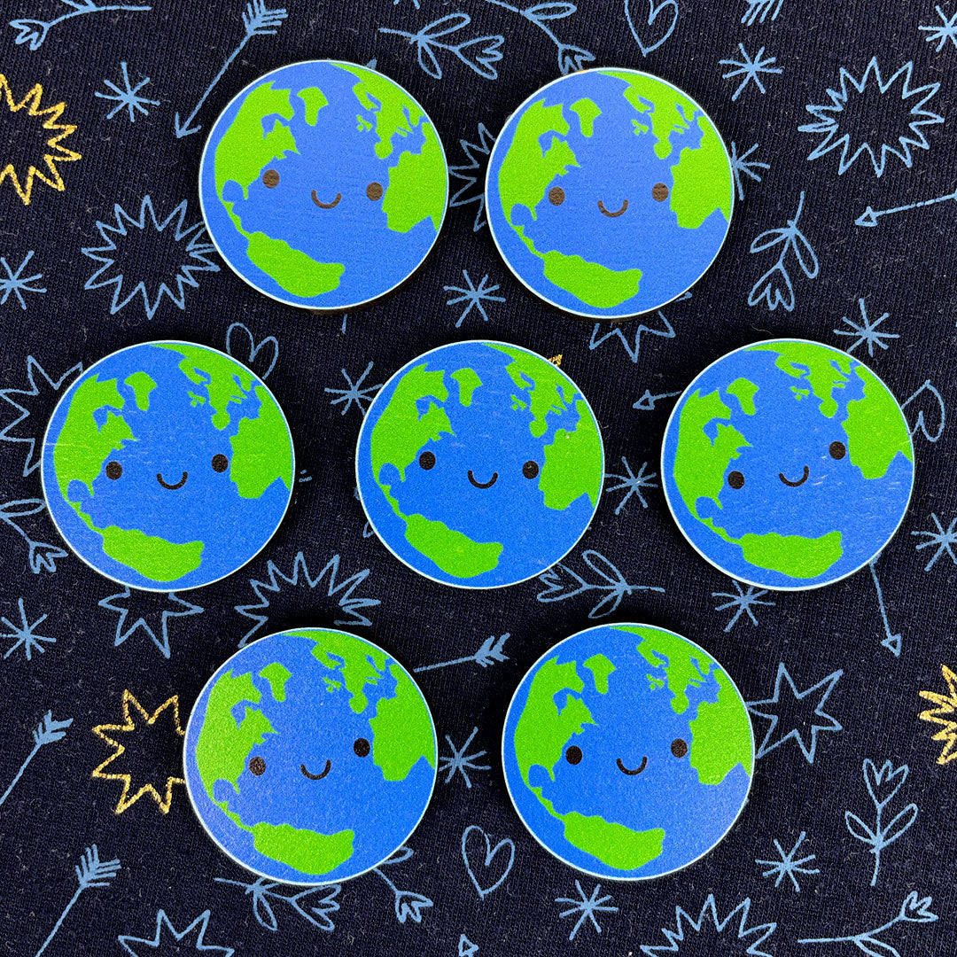 Planet Earth Kawaii Wooden Pin